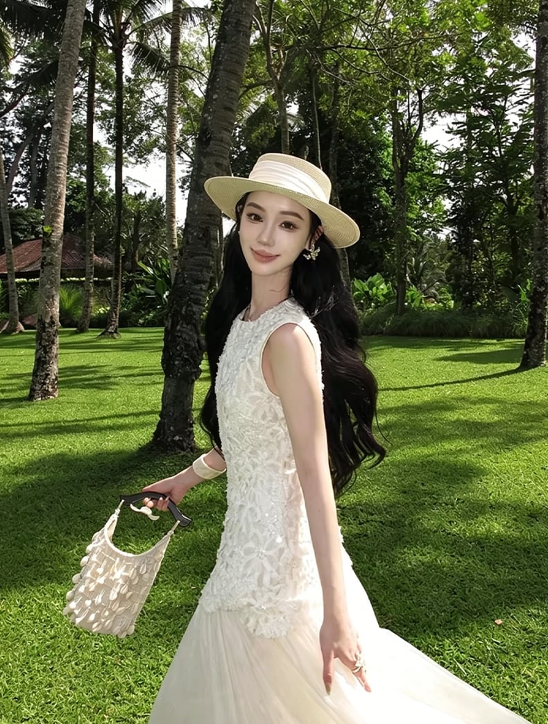 【dress】ノースリーブレースドッキングロングワンピース Q8466