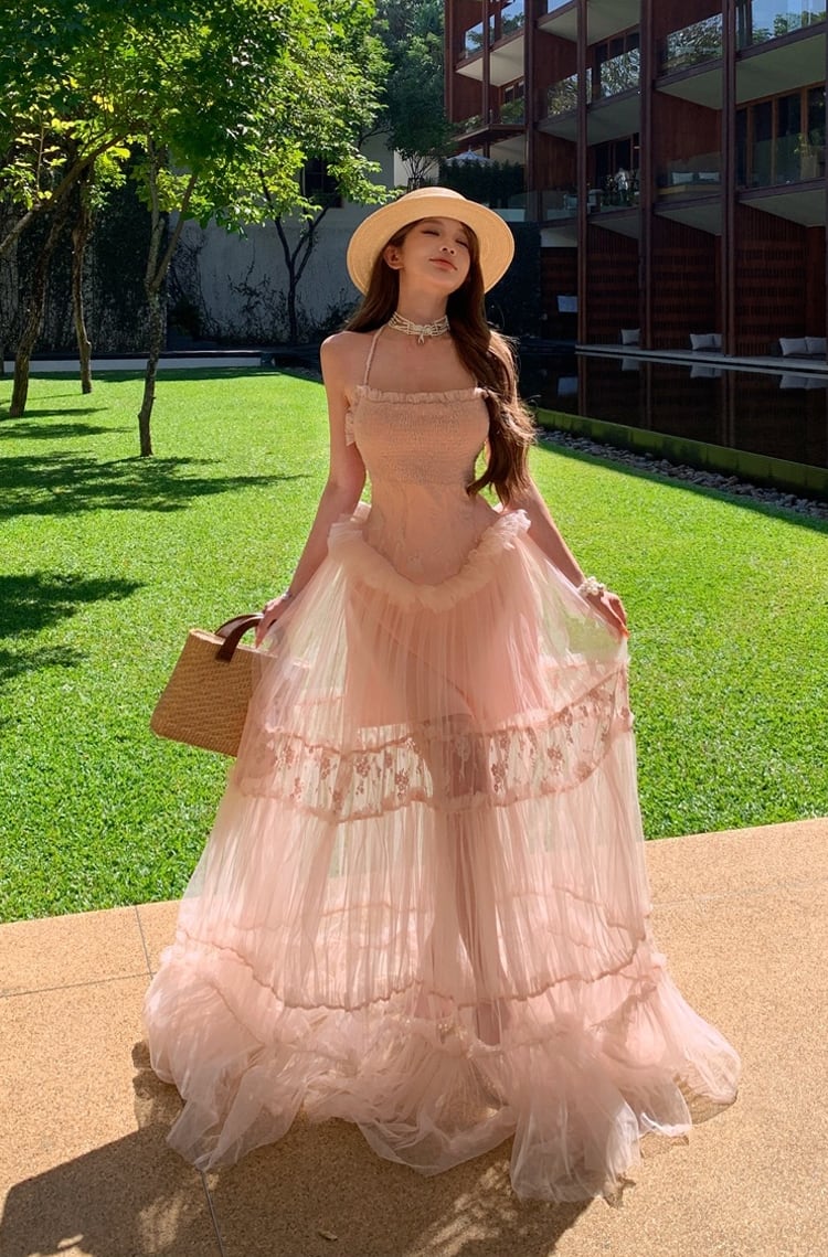【dress】ホルターネックシアーチュールティアードワンピース Q8484