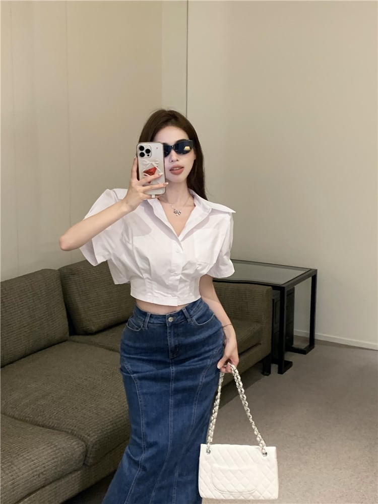 【set】POLOネックシャツ×デニムスカートセット　M23914