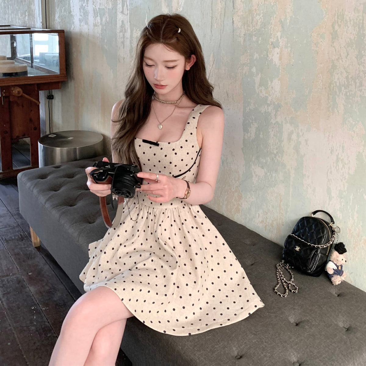 【dress】バックリボンドット柄ミニワンピース　M30198