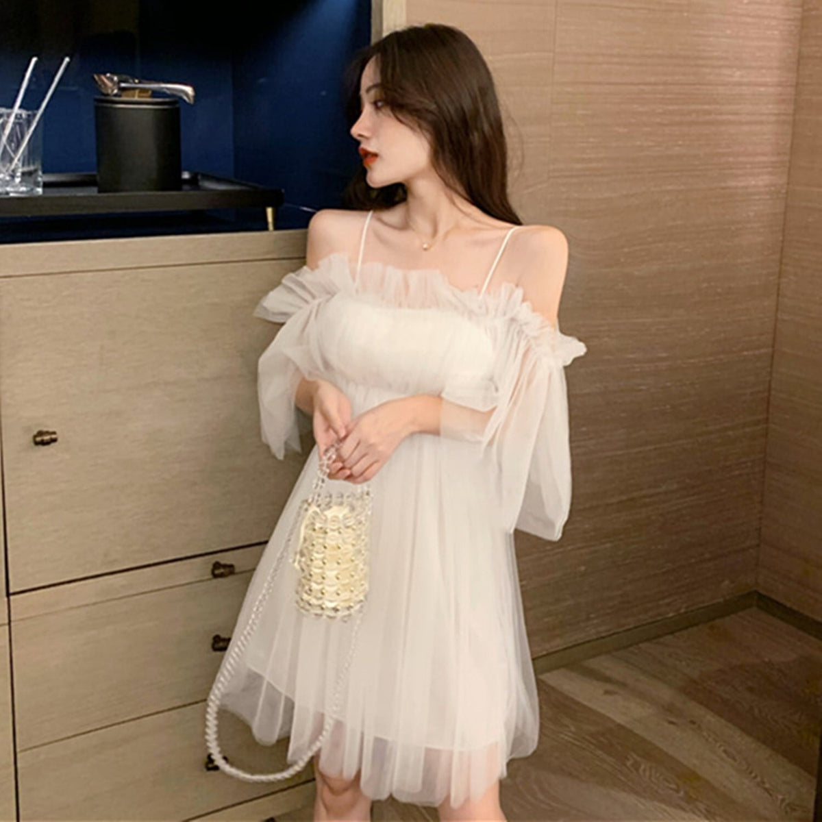 【dress】ギャザーオフショルチュールワンピース　N2666