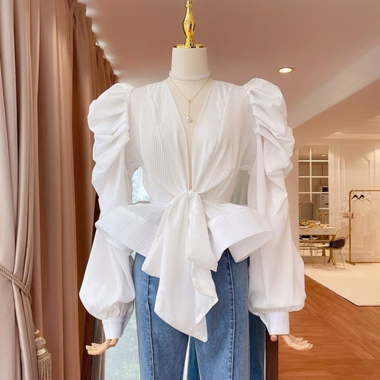 【tops】VネックリボンブラウスF7055