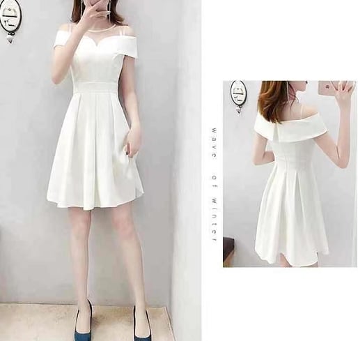 【dress】オシャレ度満点〜ラウンドネック半袖肩開き韓国ファッション披露宴二次会AラインワンピースF2112