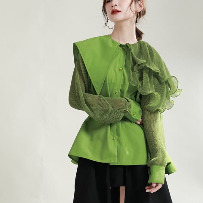 【tops】フリル不規則 イレギュラーシャツブラウス　M29334