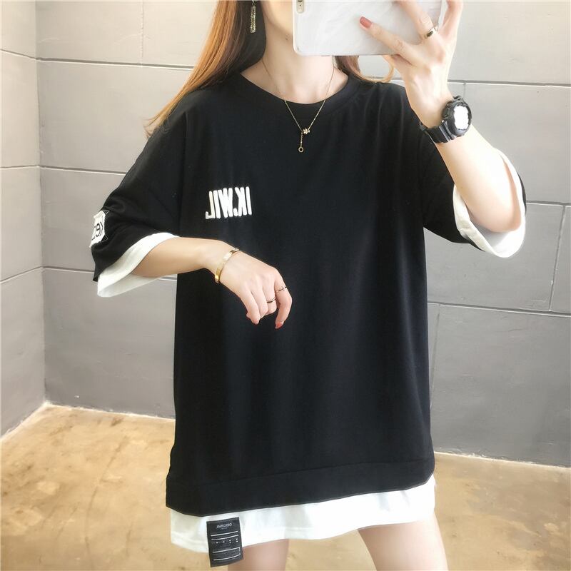 【tops】ラウンドネック半袖カジュアル偽二つ切り替え配色着まわしTシャツ