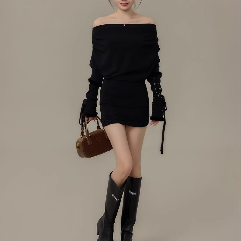 【dress】ファー付きオフショルダーニットワンピース Q7730