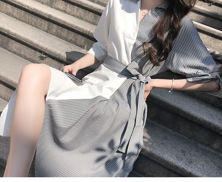 【dress】高級感不規則形気質満点Vネックストライプ柄着痩せシフォンワンピースF0030