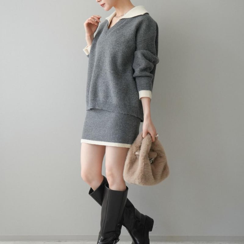 【set】フェイクレイヤードニットトップス×ミニスカートセット Q7703