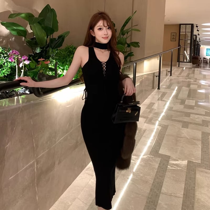 【dress】ストラップデザインロングニットキャミワンピース Q7803