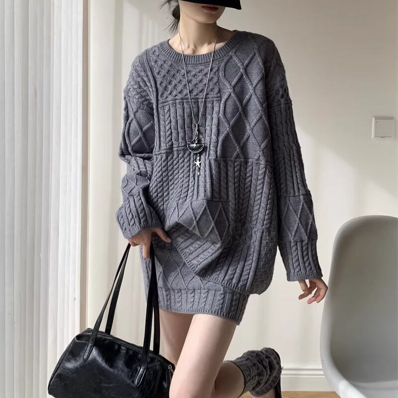【set】ロングニットトップス×ストレートスカート×レッグウォーマー3点セット Q7720