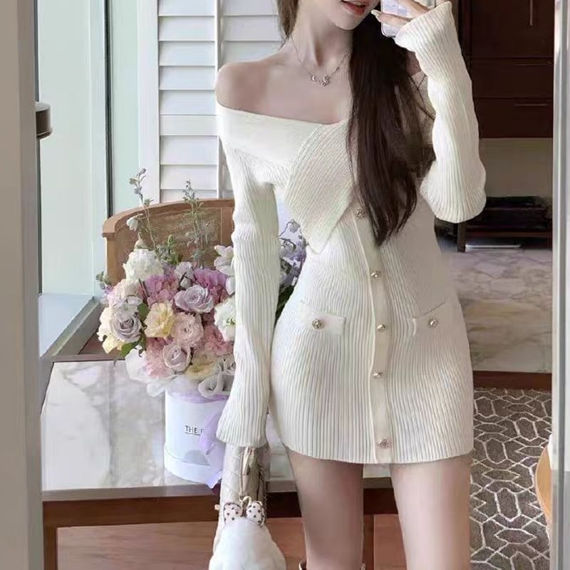 【dress】オフショルダーニットワンピース Q7594