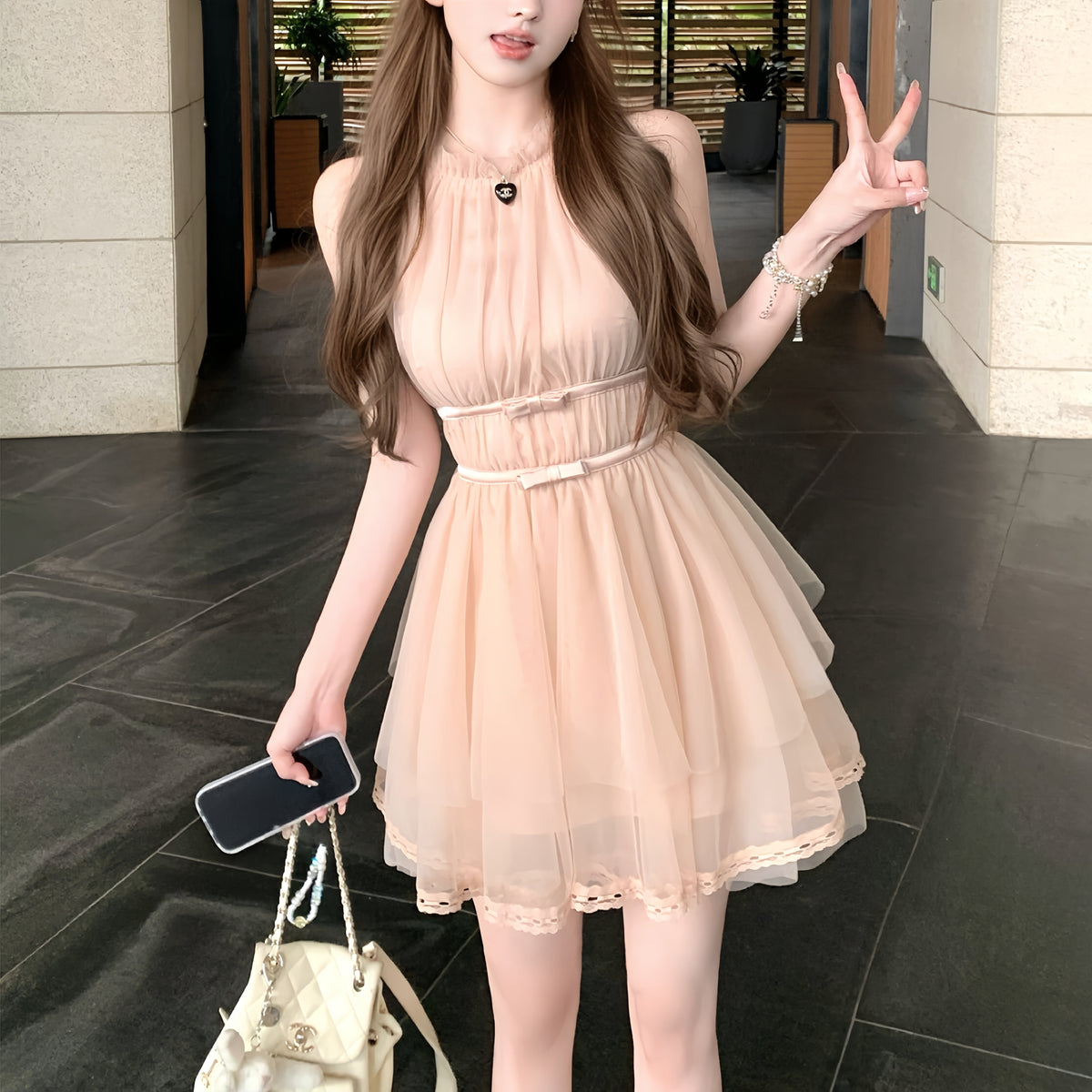 【dress】バックリボンチュールミニワンピース　M31380