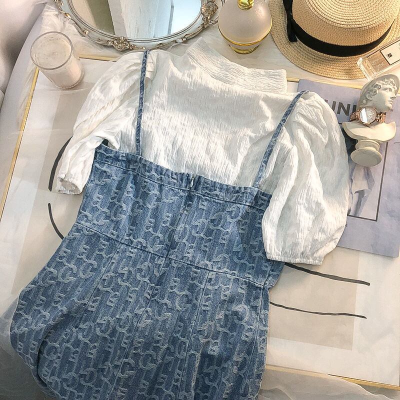 【set】今季大好評半袖無地ブラウス+デニム配色キャミワンピース気質満点セットアップF5489