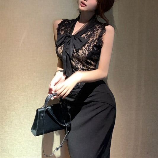 【set】リボン付きレースタンクトップ+タイトスカートセットF7162