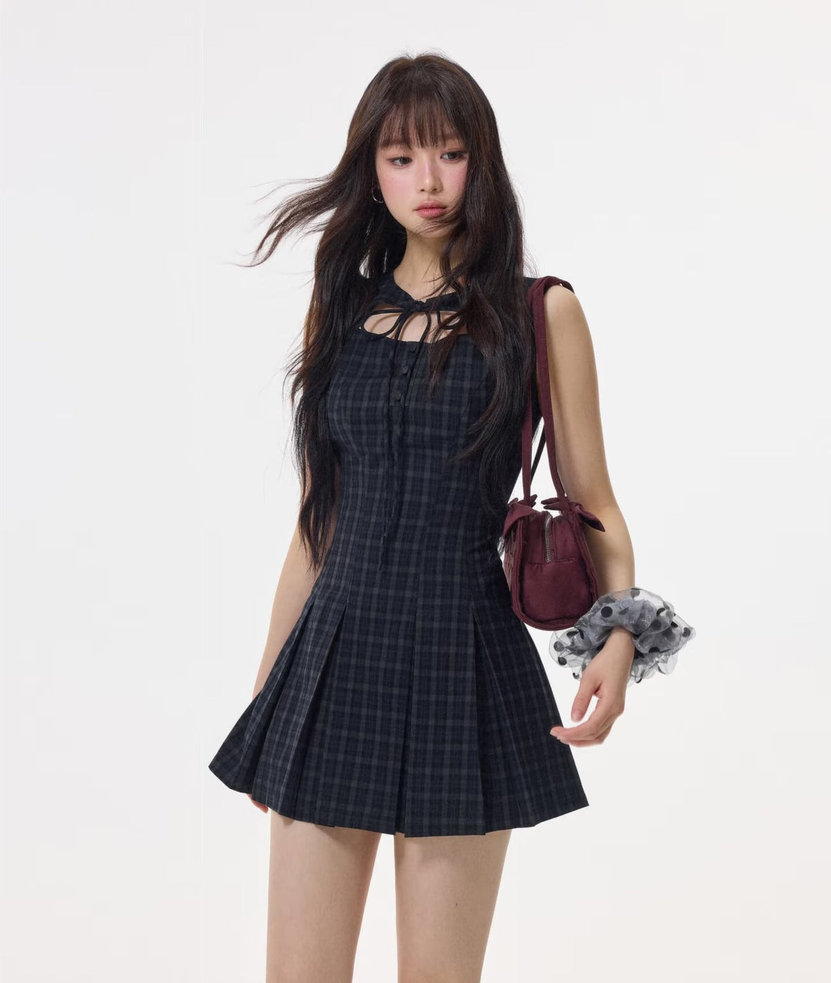 【dress】フロントリボンチェックミニワンピース　N3531