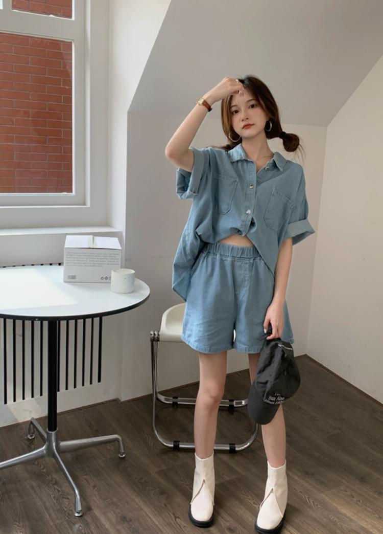 【set】デニムブラウス+ショートパンツ２点セットG21288