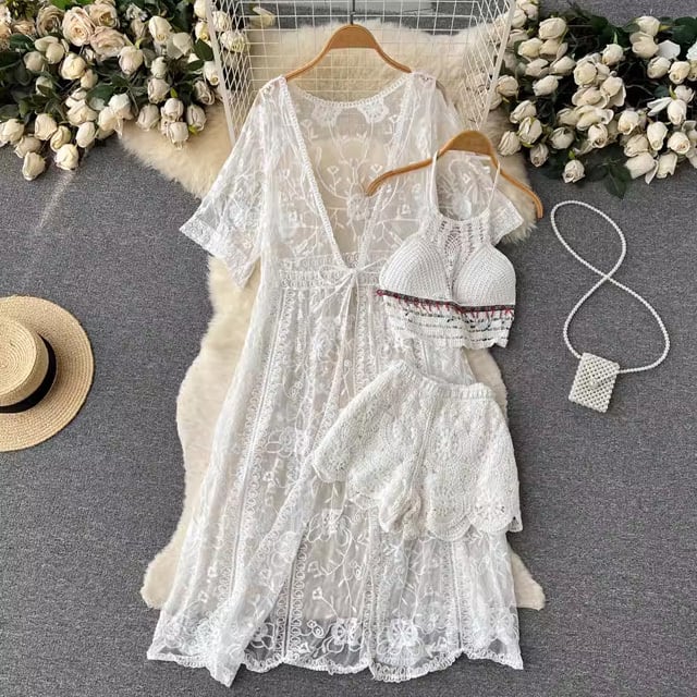 【set】レースカーディガン+キャミソール+ショートパンツ3点セットF7519