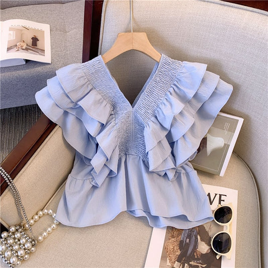 【tops】VネックノースリーブフリルタンクトップF7294