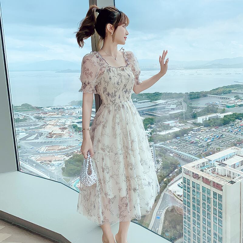 【dress】気質満点清新スウィートシフォン着痩せ花柄 ワンピース G1281