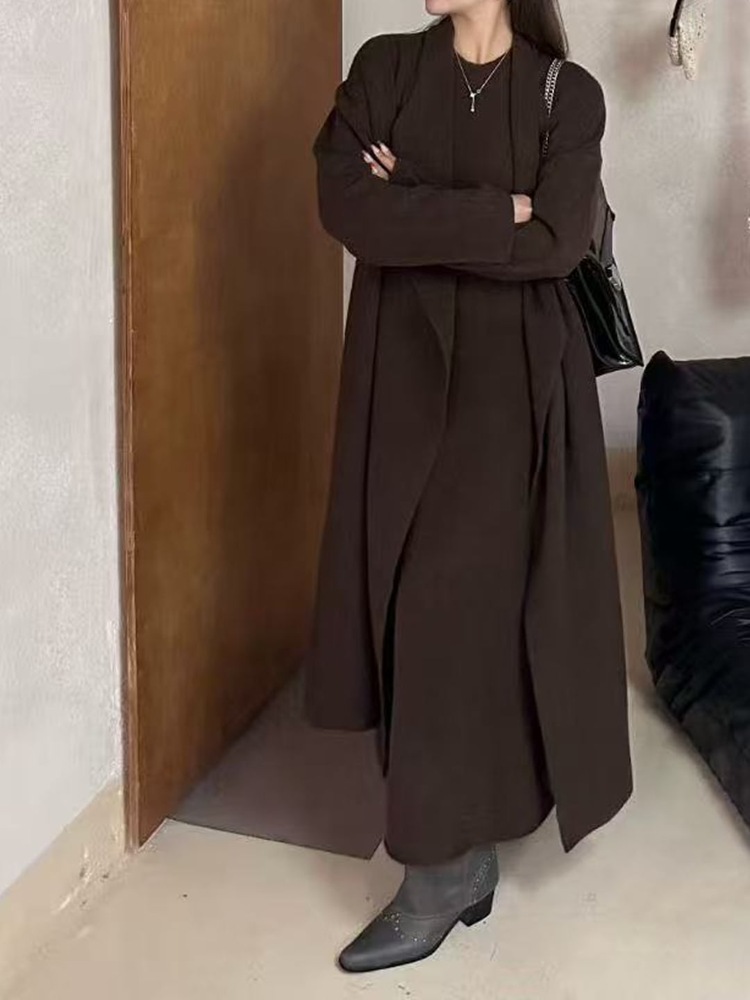 【set】ロングカーディガン×ハイネックホルダーワンピースセット Q7227