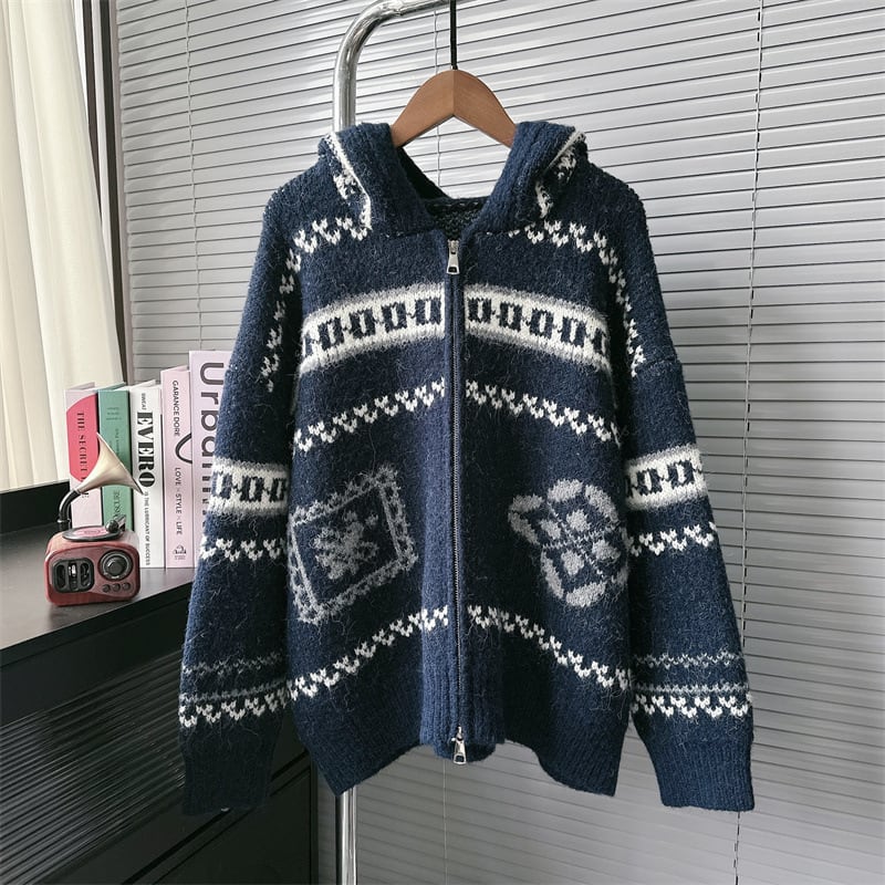 【outer】ファスナーフード付きニットカーデ　M28283