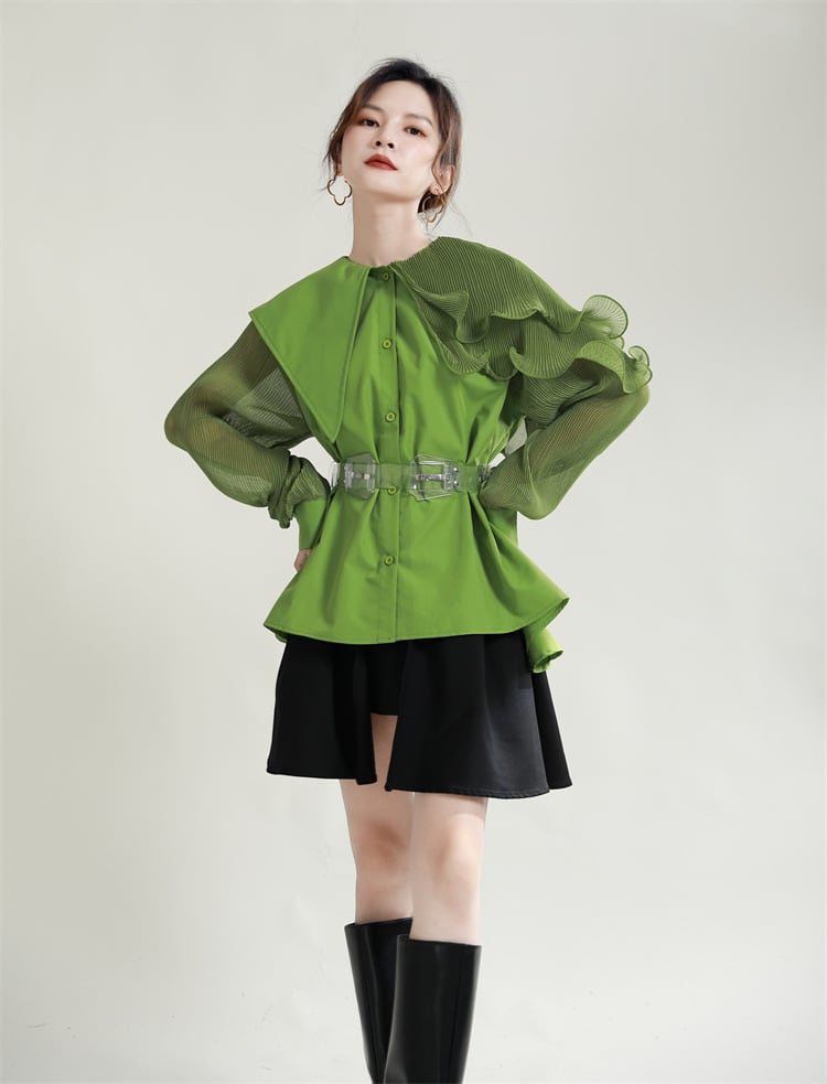 【tops】フリル不規則 イレギュラーシャツブラウス　M29334