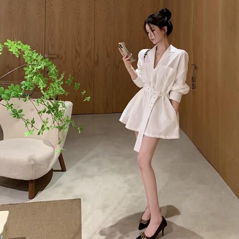 【dress】ベルト付きミニシャツワンピース Q8383