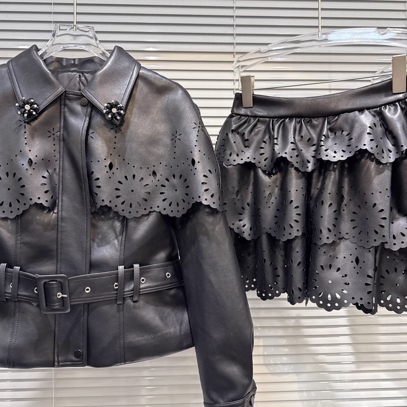 【set】カットワークレースジャケット×ティアードスカートセット Q7329