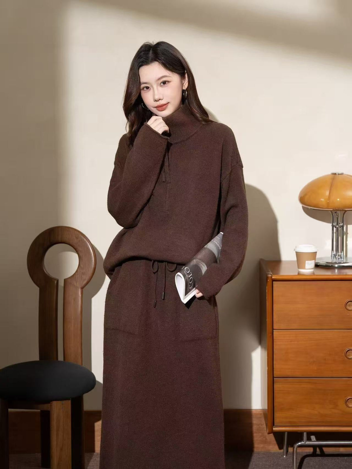 【set】ハイネックニットトップス×ロングスカートセット Q7789