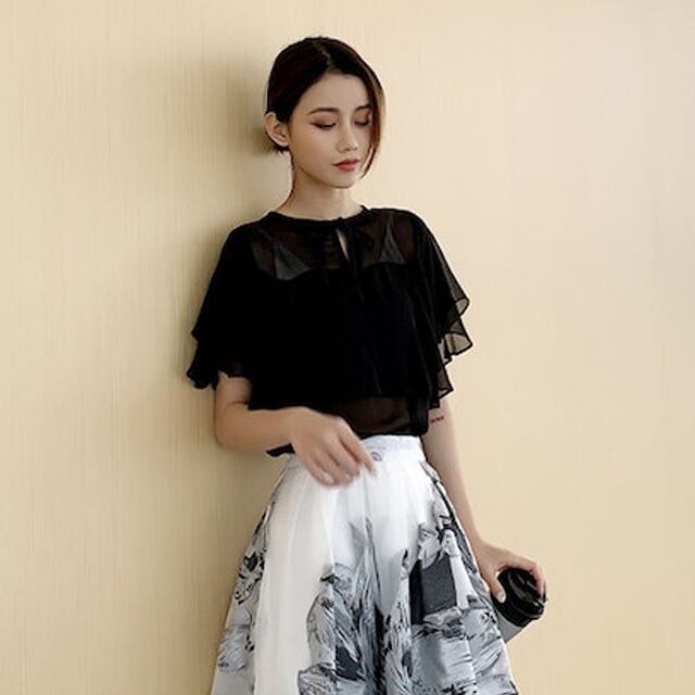 【set】フレアスリーブ無地ブラウス＋ハイウエスト花柄スカートおしゃれセットアップ