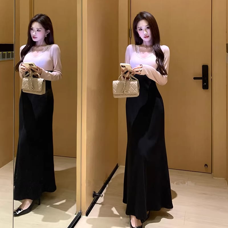 【dress】レースドッキングロングニットワンピース Q7853