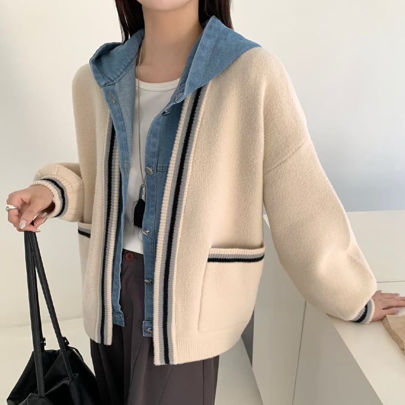 【outer】フェイクレイヤードニットカーディガン Q7204