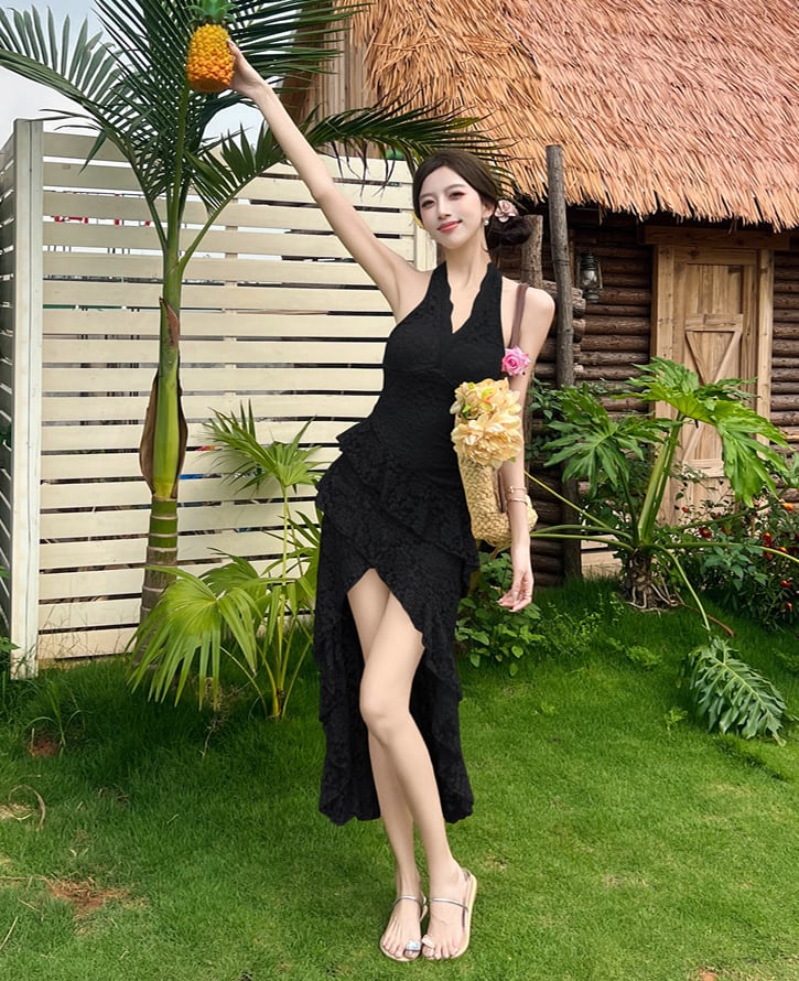 【dress】ホルターネックイレヘムレースワンピース Q8414