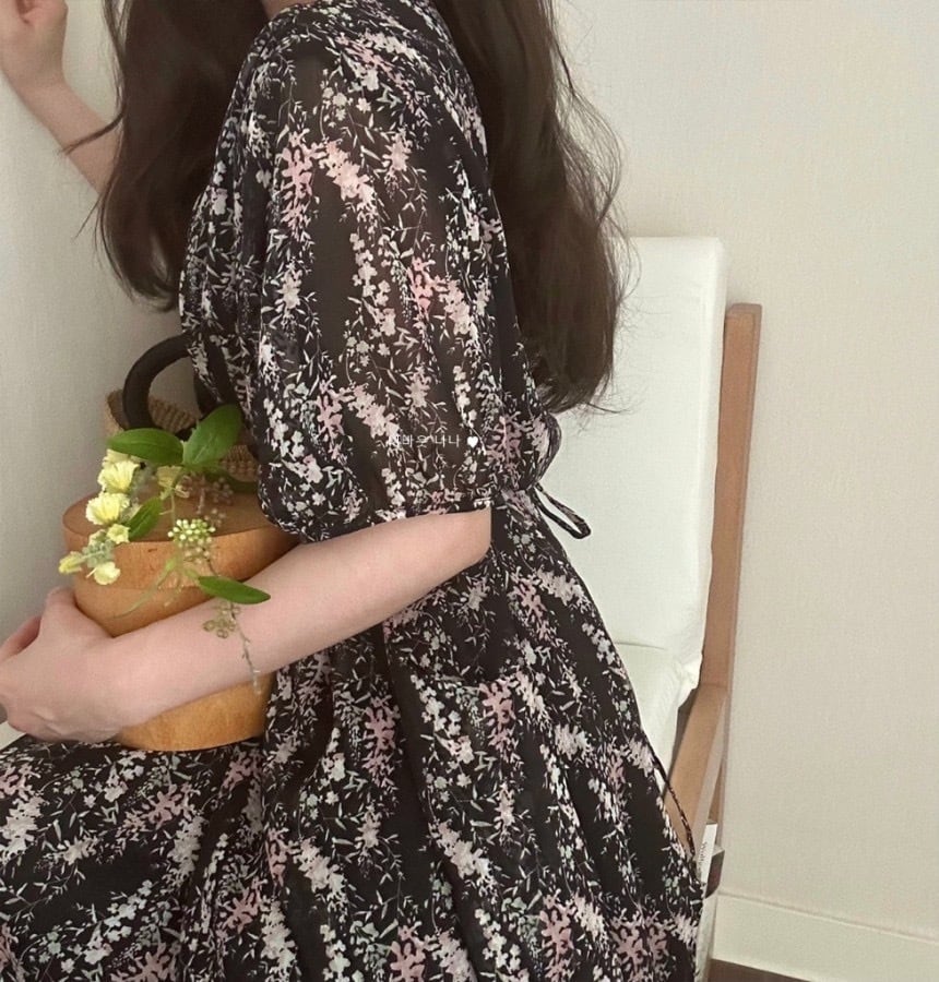 【dress】Vネック花柄パフスリーブワンピース G20746