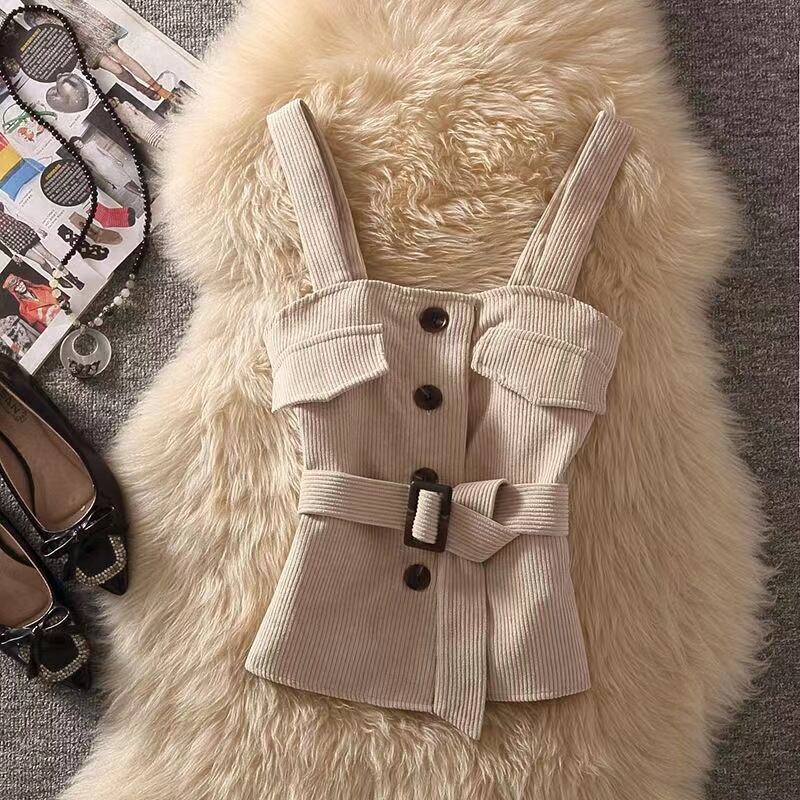 【set】3点セットウェスト絞りベスト+無地セーター+体型カバースカート通勤日常秋冬新作セットアップF1292