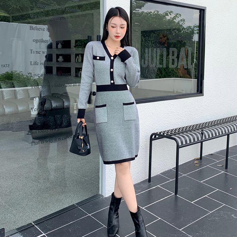 【dress】Vネックニットワンピース Q7038