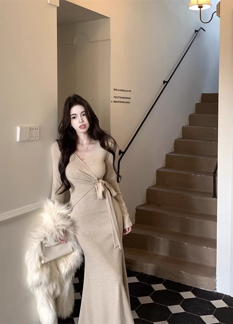 【dress】クロスネックロングニットワンピース Q8113