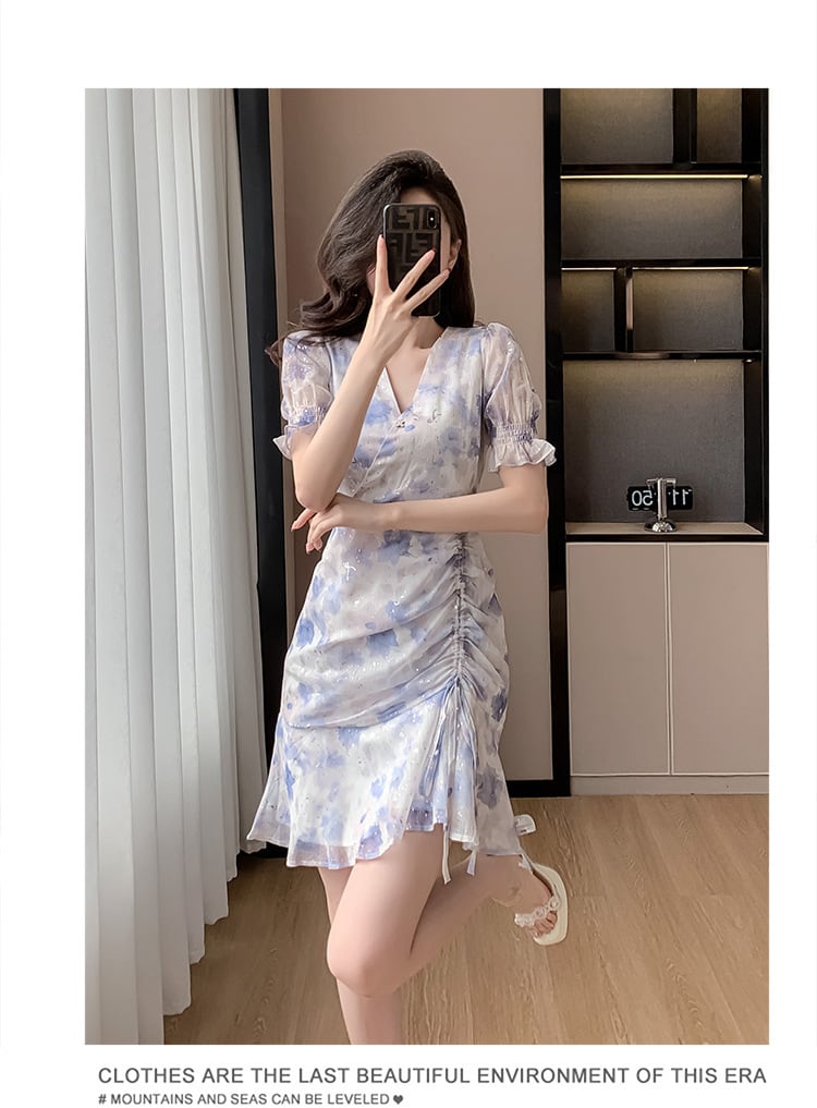 【dress】Vネック花柄シフォンマーメイドワンピース G21275