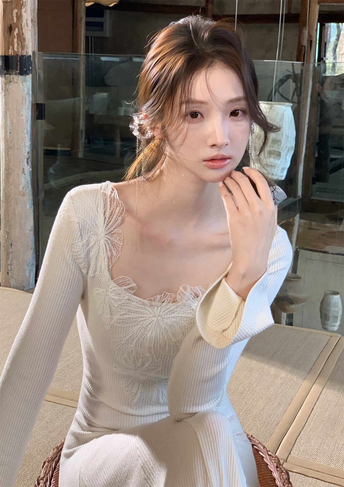 【dress】レーストリミングニットワンピース　N3465