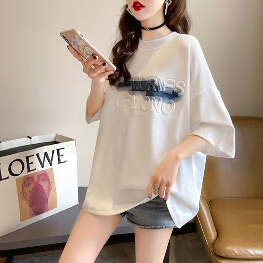 【tops】ラウンドネック半袖ゆったり着回し英字柄配色TシャツF0054