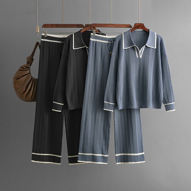 【set】折り襟ニットトップス×ワイドパンツセット　M28710