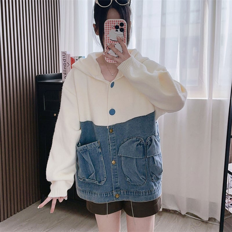 【outer】デニム切り替えニットカーデ　M25789
