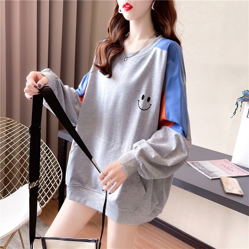 【tops】オシャレ度満点〜ラウンドネック長袖配色英字柄ゆったり着回しパーカーF0677