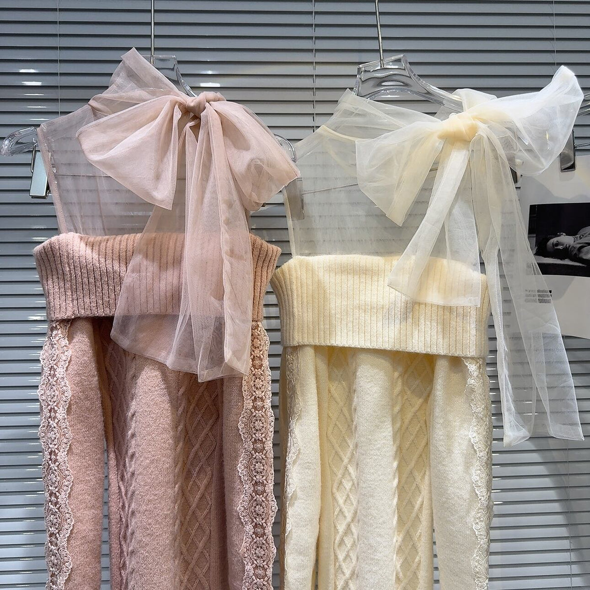 【dress】チュールドッキングリボンニットワンピース　M27056