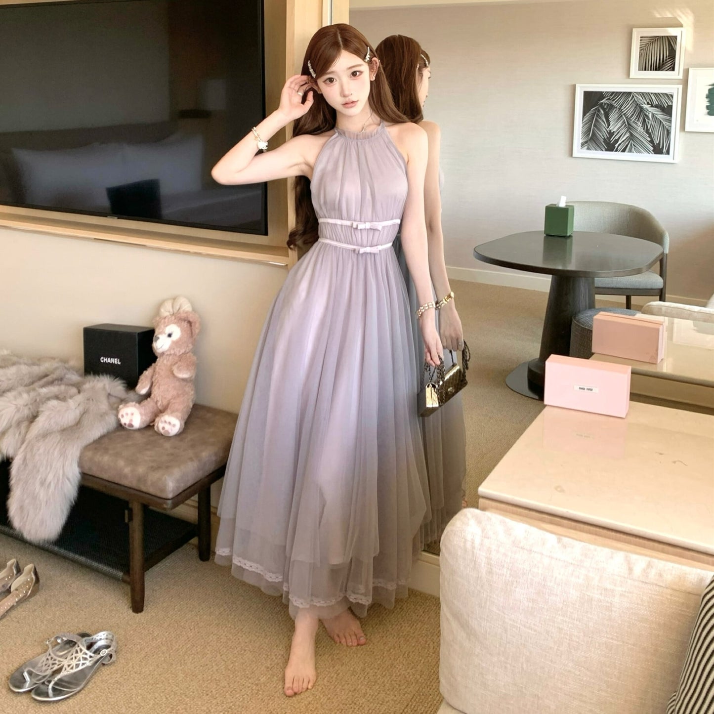 【dress】バックリボンチュールロングワンピース　N3217