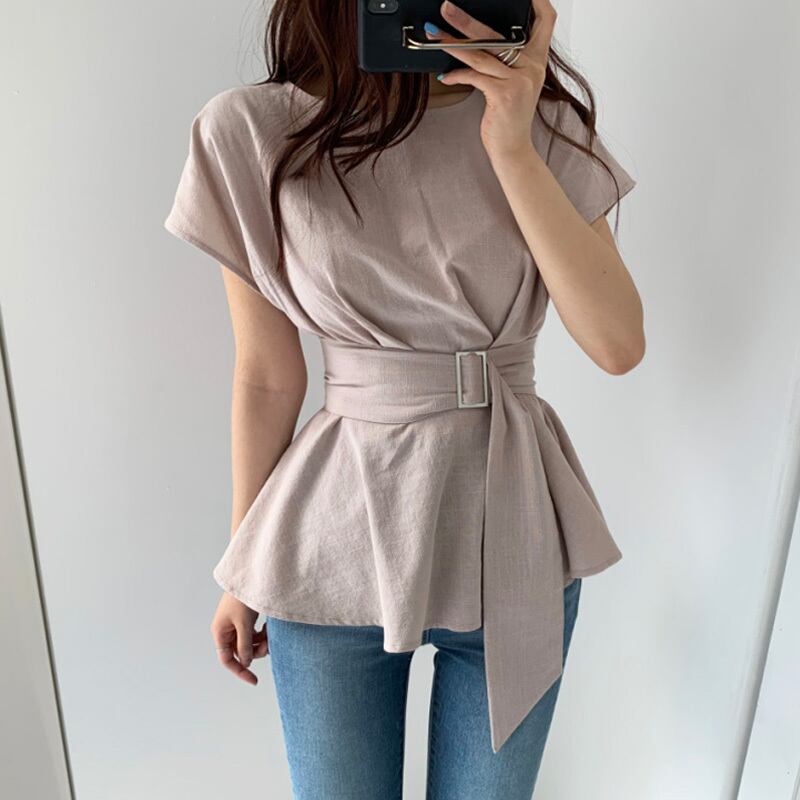 【tops】美人度アップラウンドネック半袖ファッションウェスト絞り無地ブラウスF0019