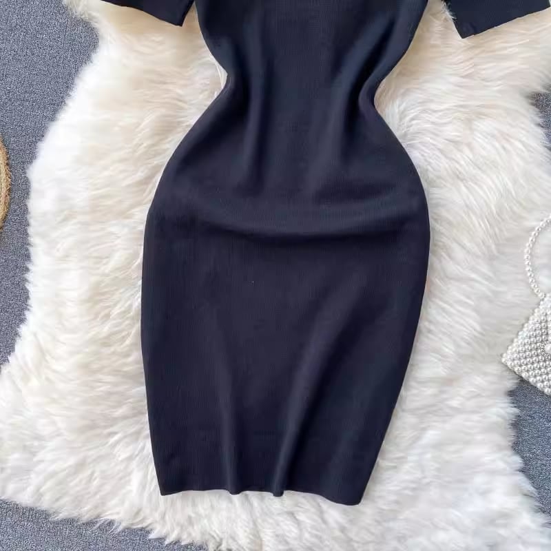 【dress】半袖体型カバーニットワンピースF7525