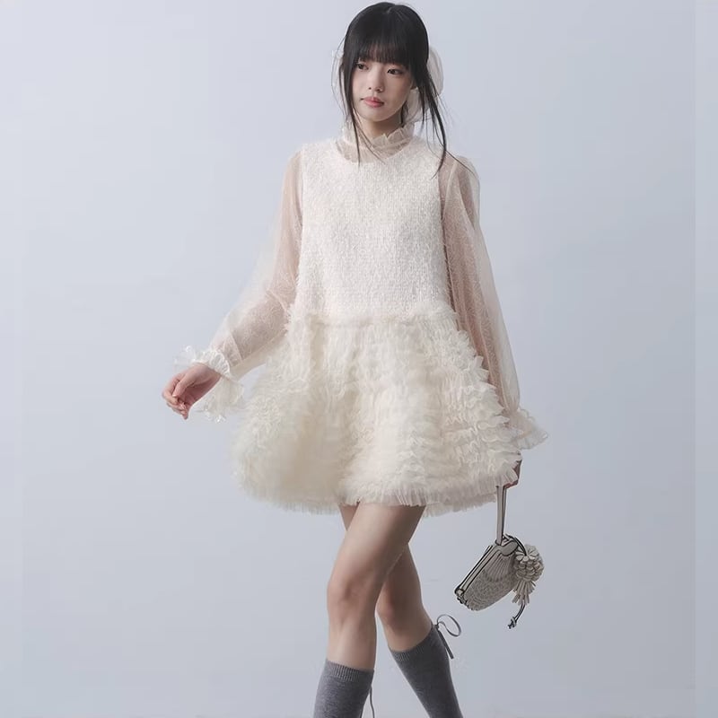 【dress】ギャザーフリルチュールドッキングベストワンピース Q7962