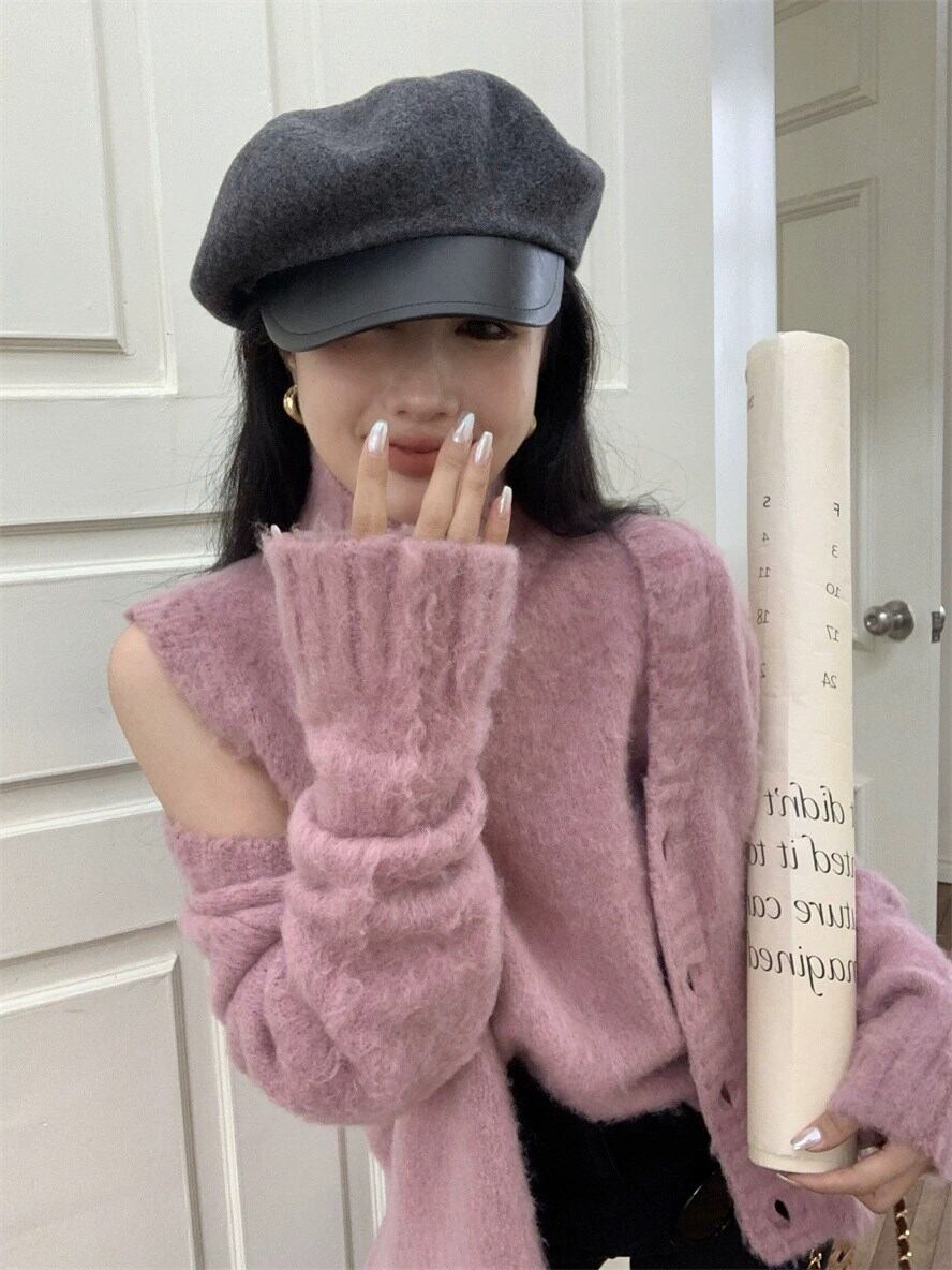 【tops】ハイネックノースリニットトップス×カーディガンセット　N2147