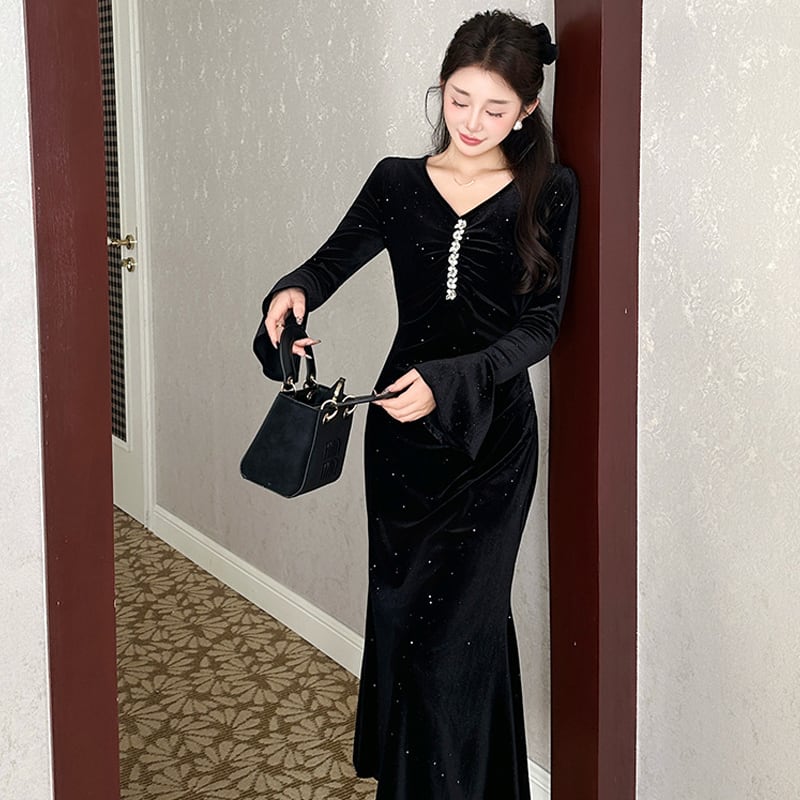 【dress】Vネックベルベットロングワンピース Q7502